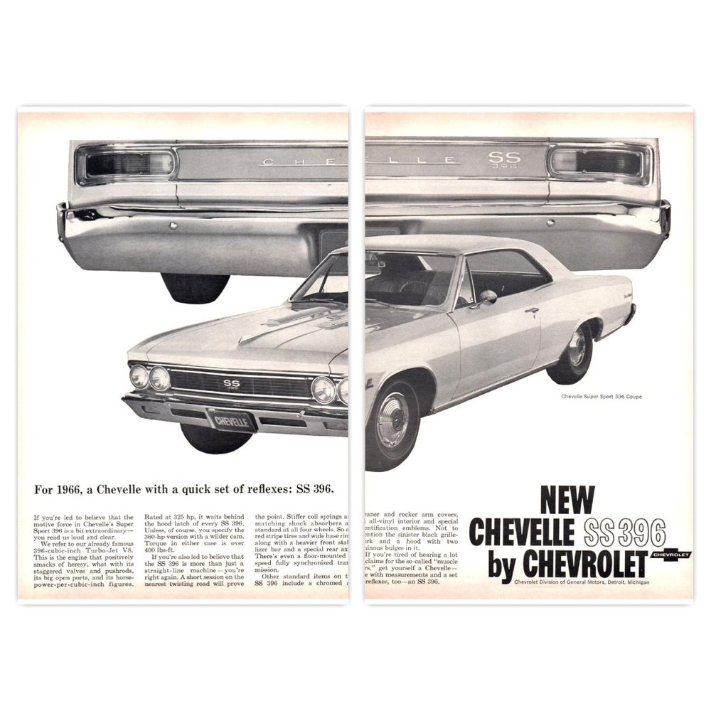 1966 Chevy Chevelle SS 396 Coupe 2 Page Vintage Print Ad American Muscle Car Art